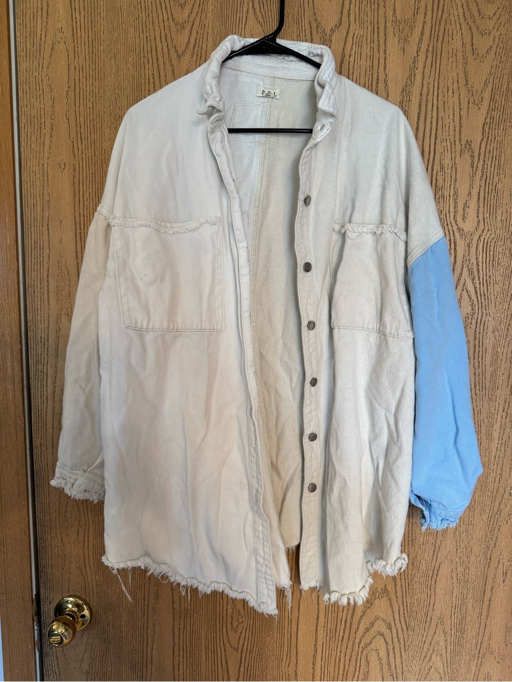 Light Cream Oversized Shirt Jacket with Blue Sleeve